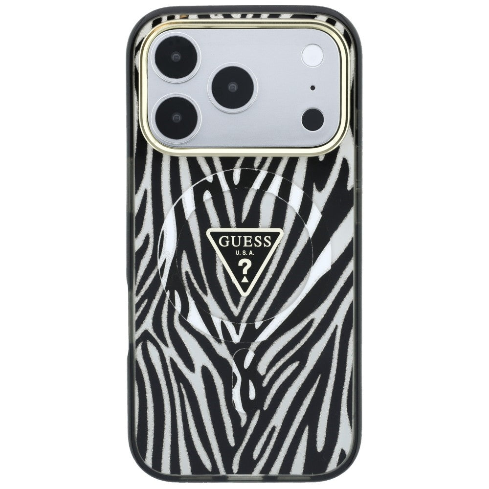 MagSafe Case for Apple iPhone 18 Pro / 17 Pro, Guess, Zebra Glitter Triangle Logo, Silver