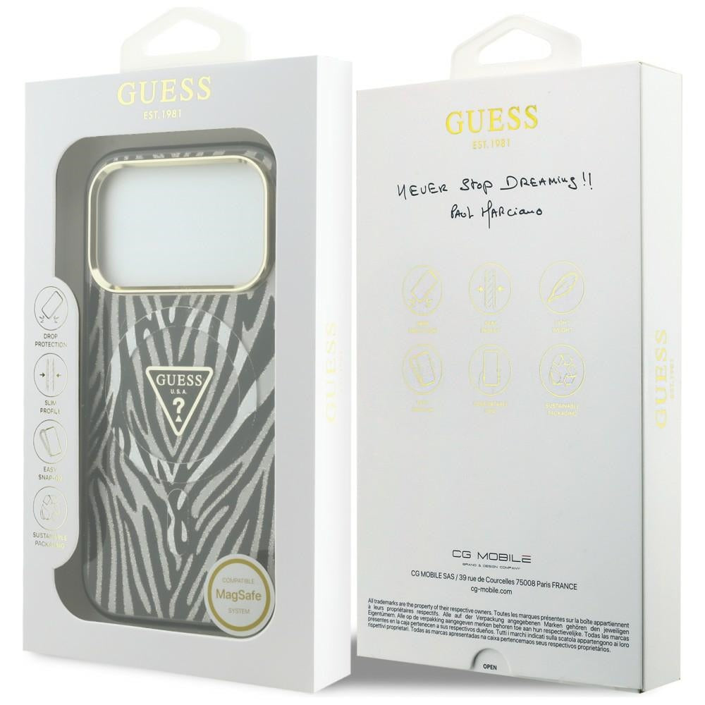 MagSafe Case for Apple iPhone 18 Pro / 17 Pro, Guess, Zebra Glitter Triangle Logo, Silver