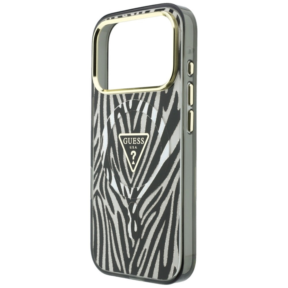 MagSafe Case for Apple iPhone 18 Pro / 17 Pro, Guess, Zebra Glitter Triangle Logo, Silver