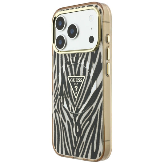 MagSafe-Hülle für Apple iPhone 18 Pro / 17 Pro, Guess, Zebra Glitter Dreieck Logo, Gold