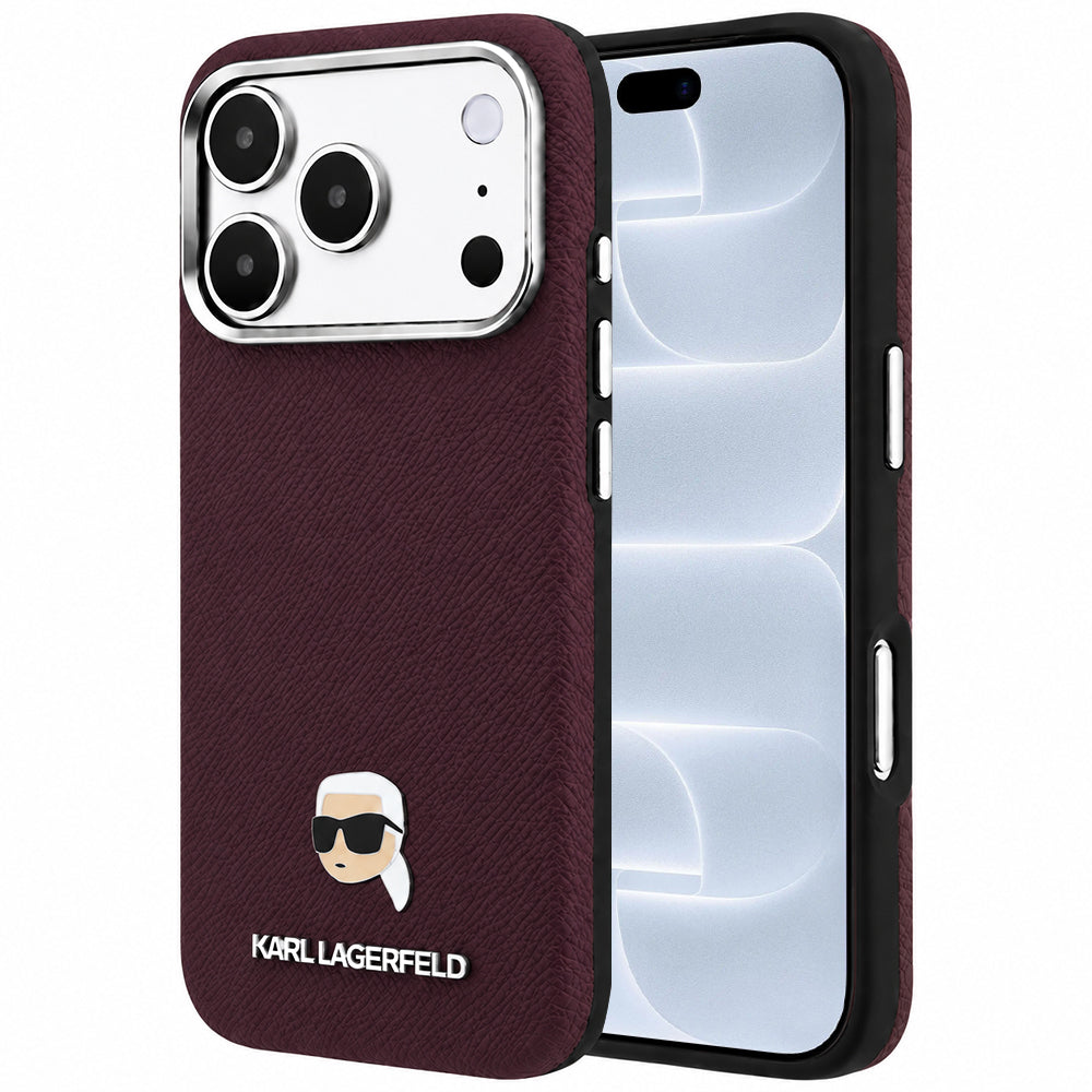 MagSafe-Hülle für Apple iPhone 18 Pro / 17 Pro, Karl Lagerfeld, Genarbtes Karl Head's Metal, Weinrot