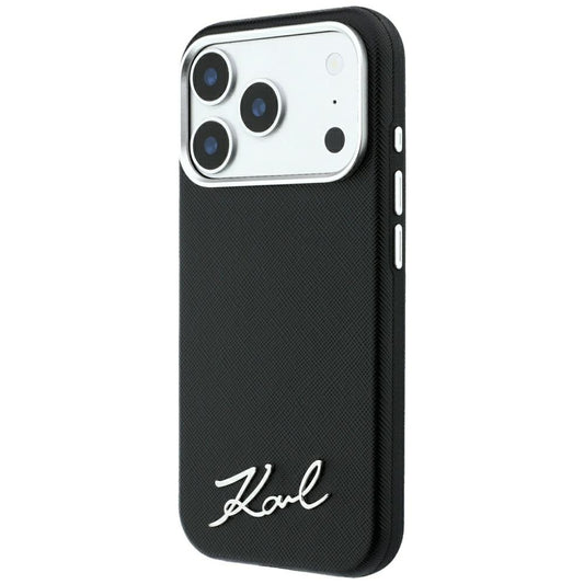MagSafe-Hülle für Apple iPhone 18 Pro / 17 Pro, Karl Lagerfeld, Saffiano Small Script Metall-Logo, Schwarz