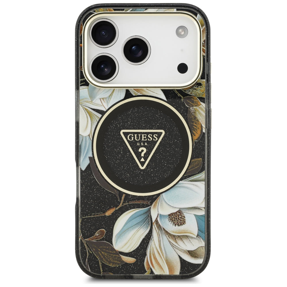MagSafe-Hülle für Apple iPhone 18 Pro, Guess, IML Metal Glitter Flowers Triangle, Schwarz