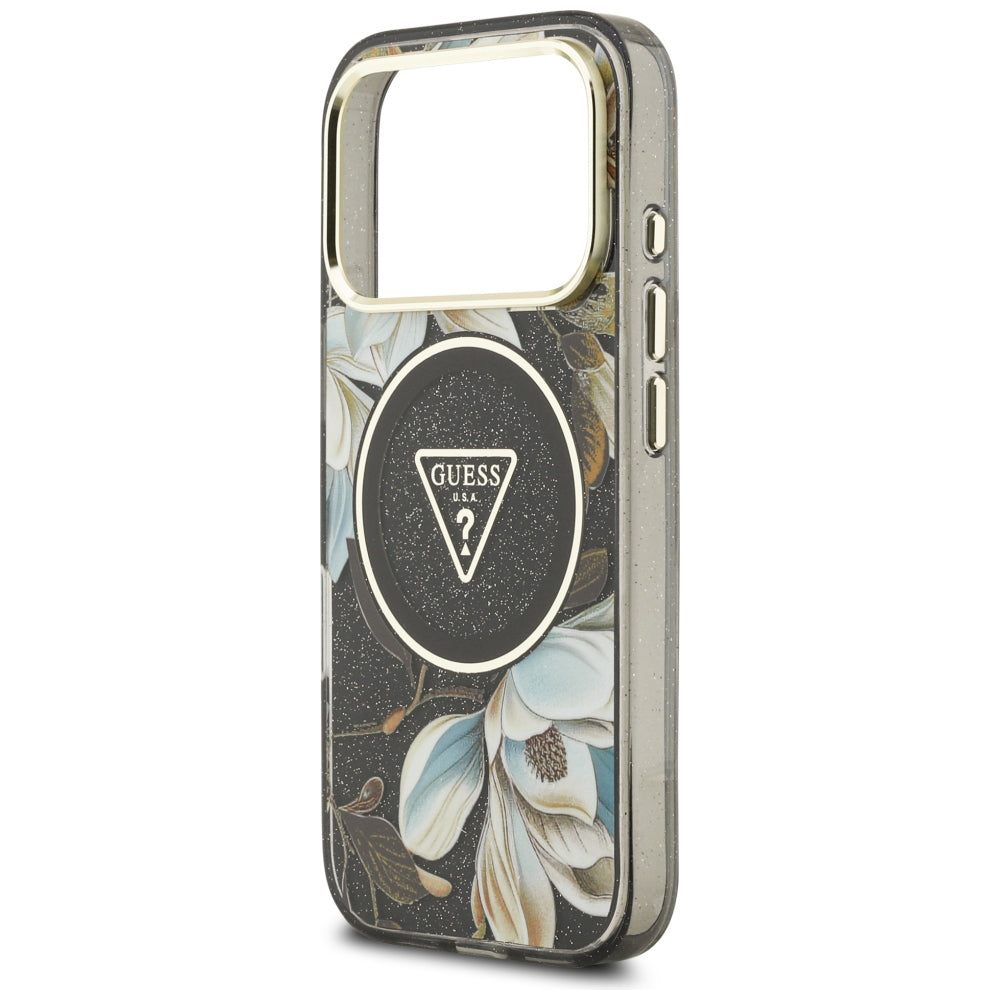 MagSafe-Hülle für Apple iPhone 18 Pro, Guess, IML Metal Glitter Flowers Triangle, Schwarz