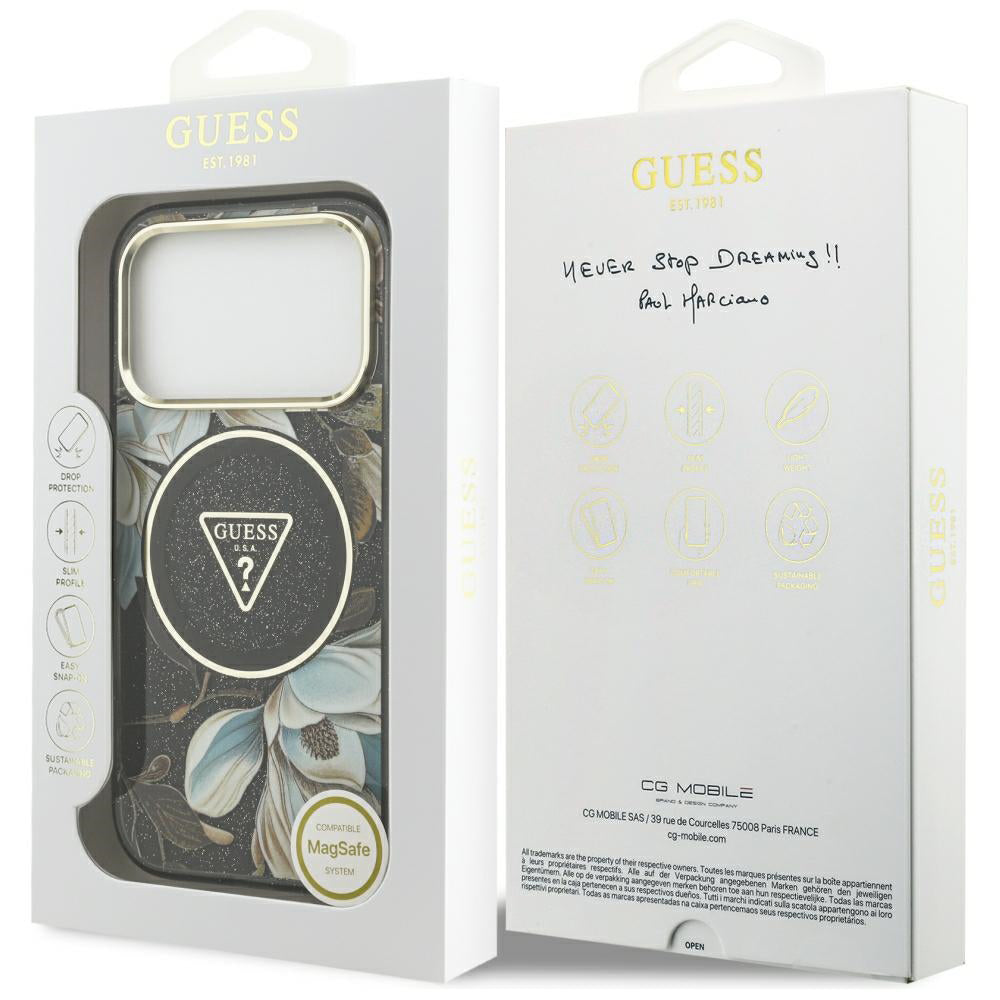 MagSafe-Hülle für Apple iPhone 18 Pro, Guess, IML Metal Glitter Flowers Triangle, Schwarz