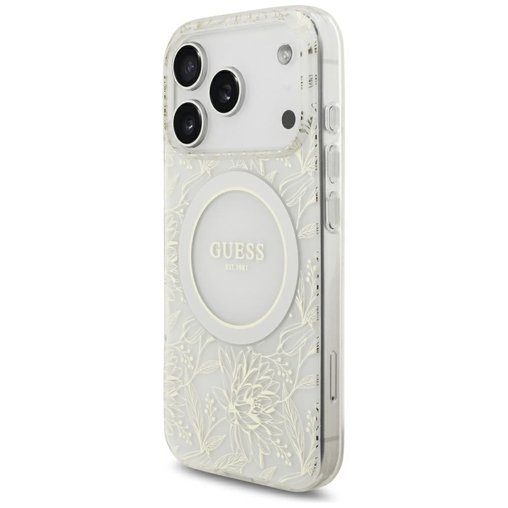 MagSafe-Hülle für Apple iPhone 18 Pro Max / 17 Pro Max, Guess, IML Flowers elektroplattiert mit Perlenriemen, Weiß
