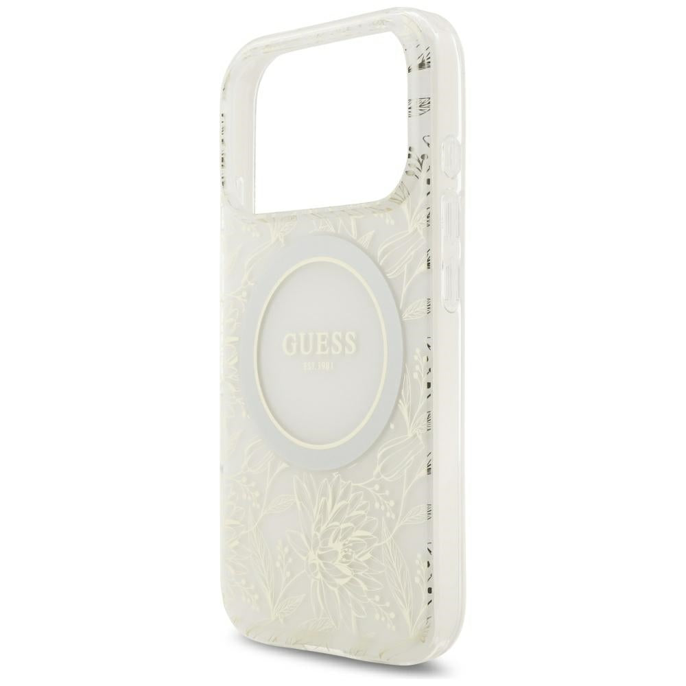 MagSafe-Hülle für Apple iPhone 18 Pro Max / 17 Pro Max, Guess, IML Flowers elektroplattiert mit Perlenriemen, Weiß
