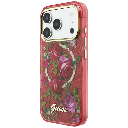 MagSafe-Hülle für Apple iPhone 18 Pro Max / 17 Pro Max, Guess, IML Glitter Blossom Roses, Weinrot