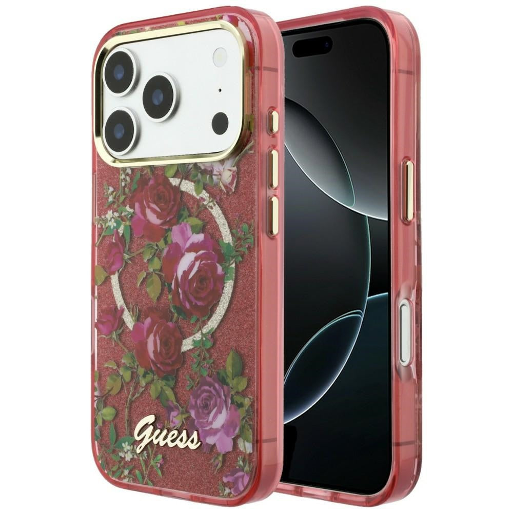 MagSafe-Hülle für Apple iPhone 18 Pro Max / 17 Pro Max, Guess, IML Glitter Blossom Roses, Weinrot