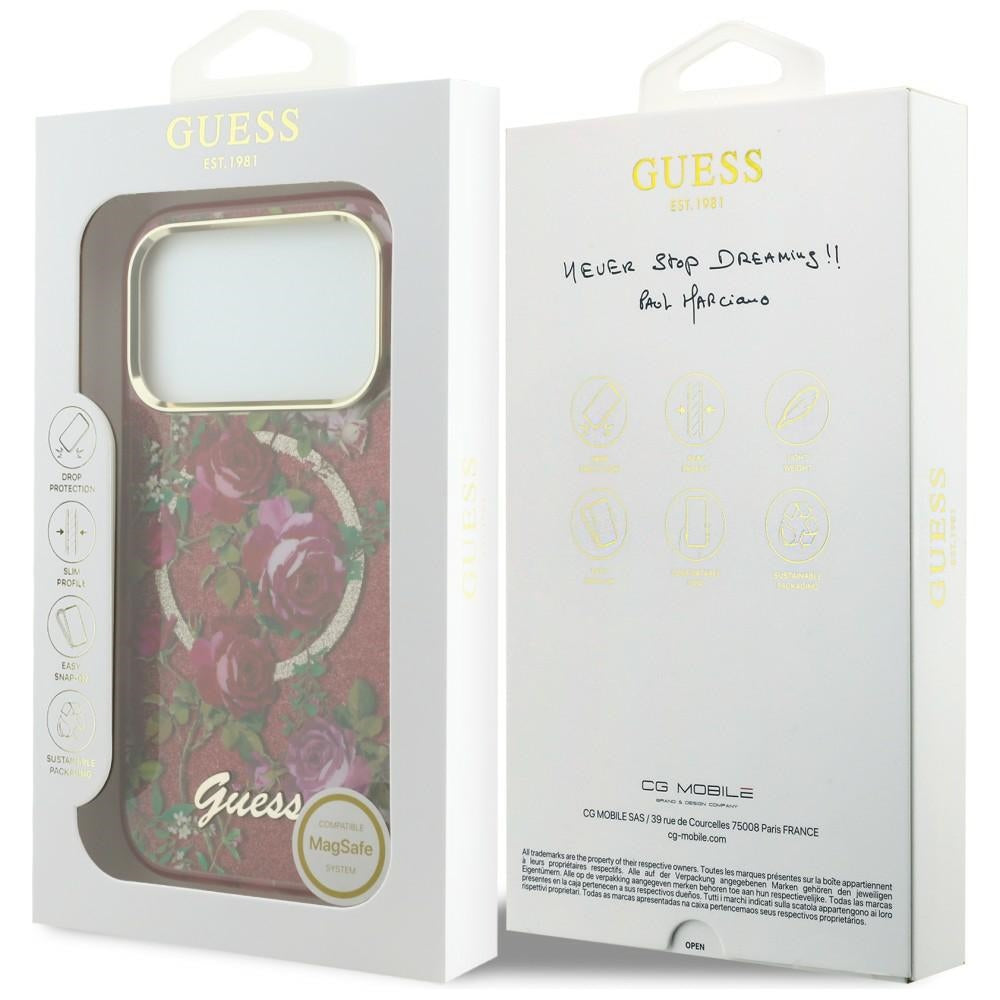 MagSafe-Hülle für Apple iPhone 18 Pro Max / 17 Pro Max, Guess, IML Glitter Blossom Roses, Weinrot