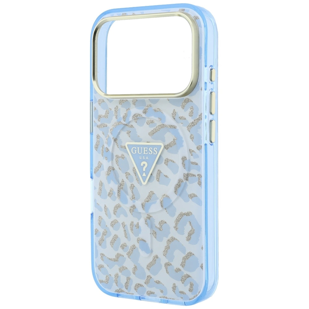 MagSafe-Hülle für Apple iPhone 18 Pro Max / 17 Pro Max, Guess, Leopard Glitter Dreieck-Logo, Blau
