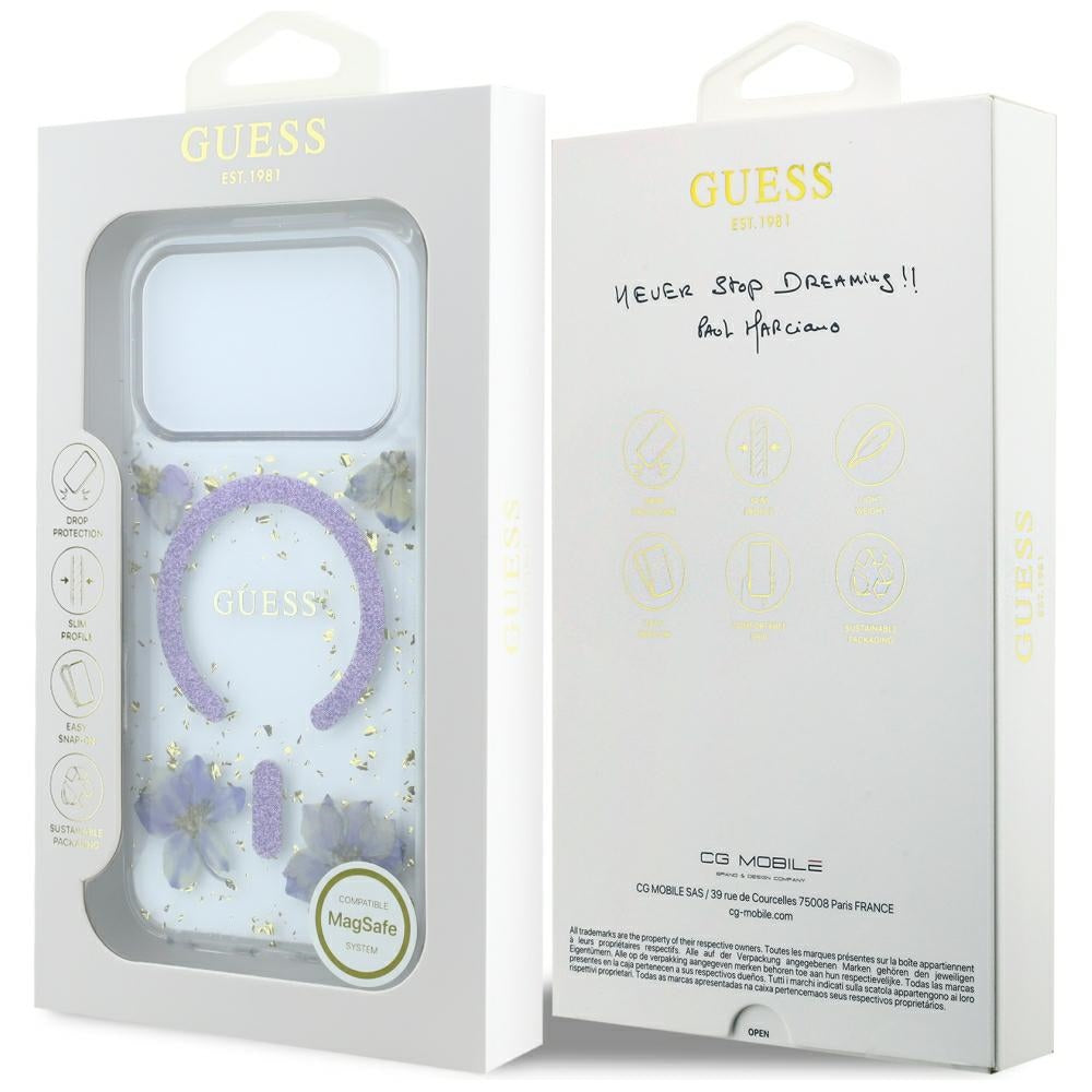 MagSafe Case for Apple iPhone 18 Pro Max / 17 Pro Max, Guess, Resin Flowers and Glitter, Purple