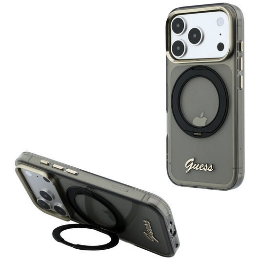 MagSafe-Hülle für Apple iPhone 18 Pro Max / 17 Pro Max, Guess, Ring Stand Script Metall-Logo, Schwarz