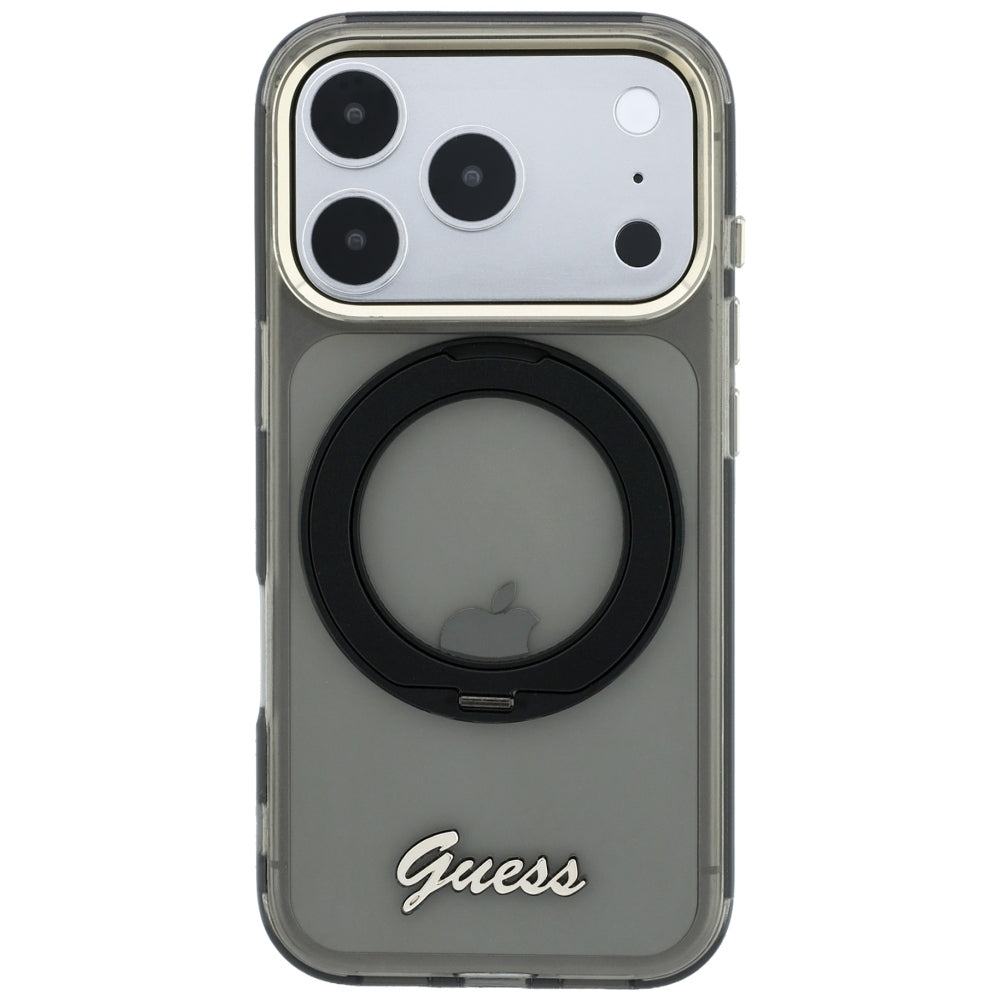 MagSafe-Hülle für Apple iPhone 18 Pro Max / 17 Pro Max, Guess, Ring Stand Script Metall-Logo, Schwarz