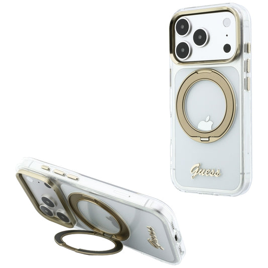 MagSafe-Hülle für Apple iPhone 18 Pro Max / 17 Pro Max, Guess, Ring Stand Script Metall-Logo, Transparent
