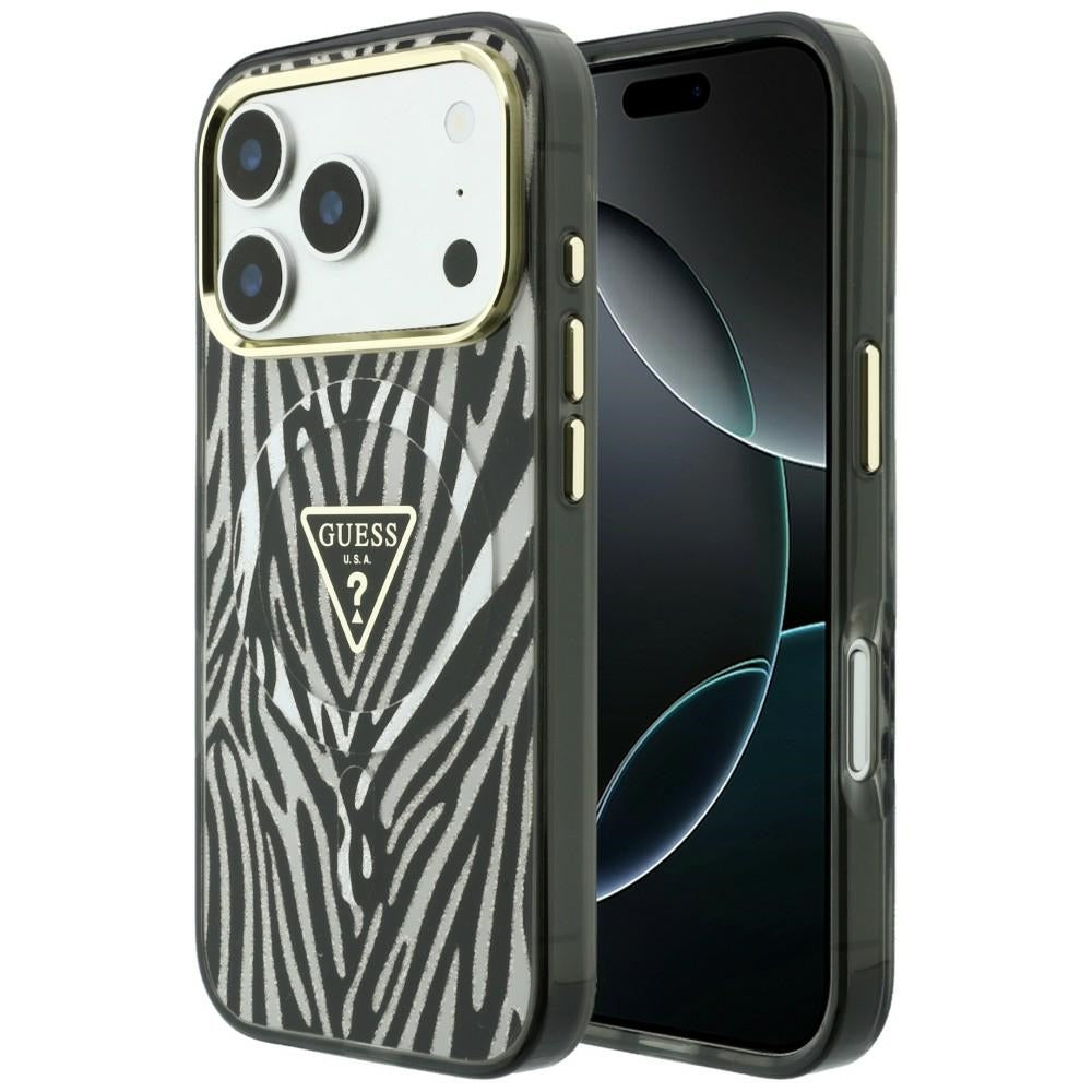 MagSafe-Hülle für Apple iPhone 18 Pro Max / 17 Pro Max, Guess, Zebra Glitter Dreieck Logo, Silber