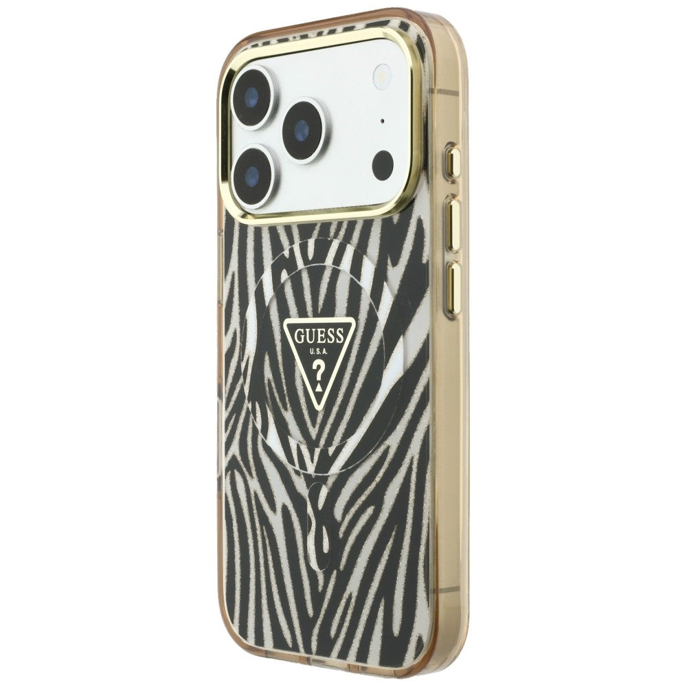 MagSafe-Hülle für Apple iPhone 18 Pro Max / 17 Pro Max, Guess, Zebra Glitter Dreieck Logo, Gold
