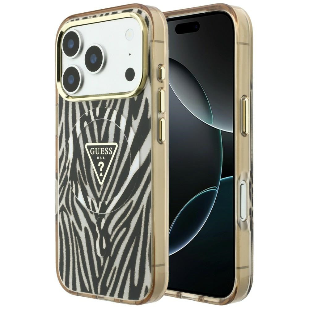 MagSafe-Hülle für Apple iPhone 18 Pro Max / 17 Pro Max, Guess, Zebra Glitter Dreieck Logo, Gold