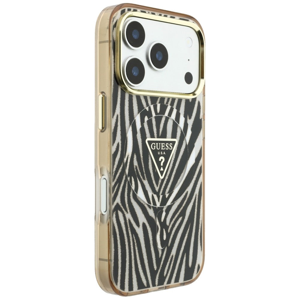 MagSafe-Hülle für Apple iPhone 18 Pro Max / 17 Pro Max, Guess, Zebra Glitter Dreieck Logo, Gold