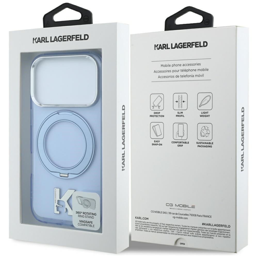 MagSafe-Hülle für Apple iPhone 18 Pro Max / 17 Pro Max, Karl Lagerfeld, IML Ring Stand Kameo Metall, Blau