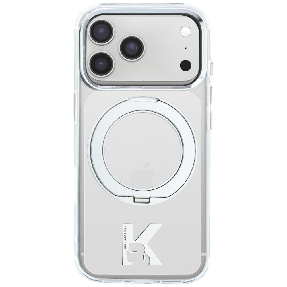 MagSafe-Hülle für Apple iPhone 18 Pro Max / 17 Pro Max, Karl Lagerfeld, IML Ring Stand Kameo Metall, Transparent