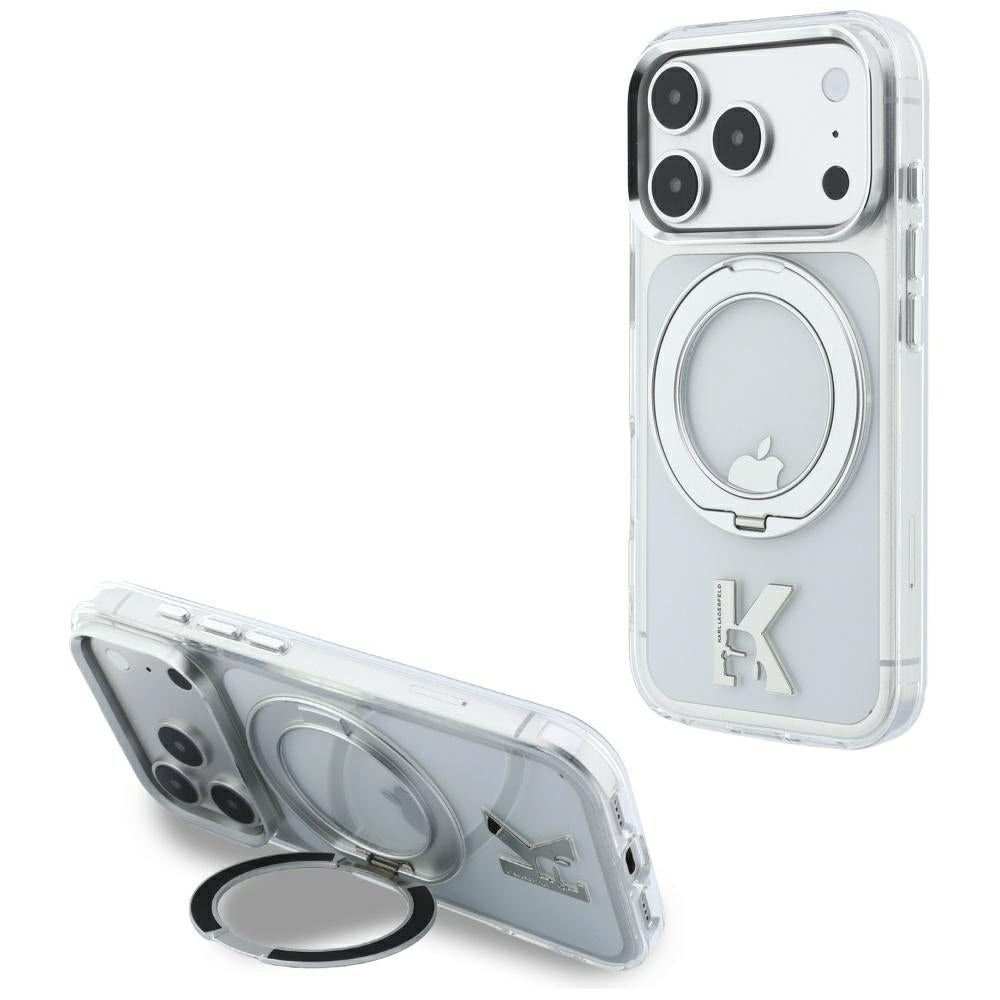 MagSafe-Hülle für Apple iPhone 18 Pro Max / 17 Pro Max, Karl Lagerfeld, IML Ring Stand Kameo Metall, Transparent