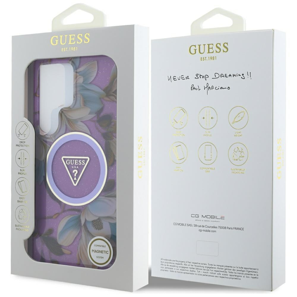 MagSafe Case for Samsung Galaxy S25 Ultra S938, Guess, IML Metal Glitter Flowers Triangle, Purple