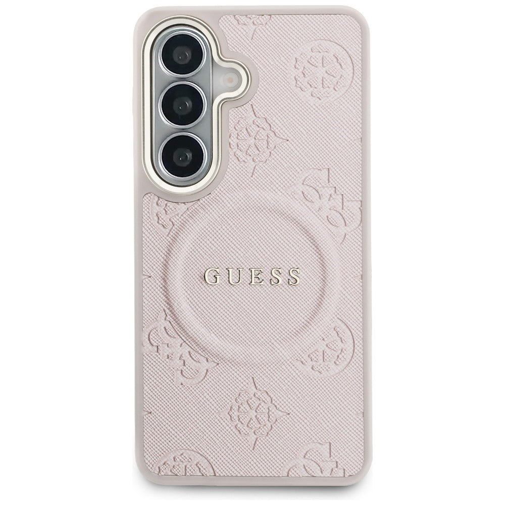 MagSafe Hülle für Samsung Galaxy S26 S942, Guess, Saffiano Peony Embossed Ring, Rosa