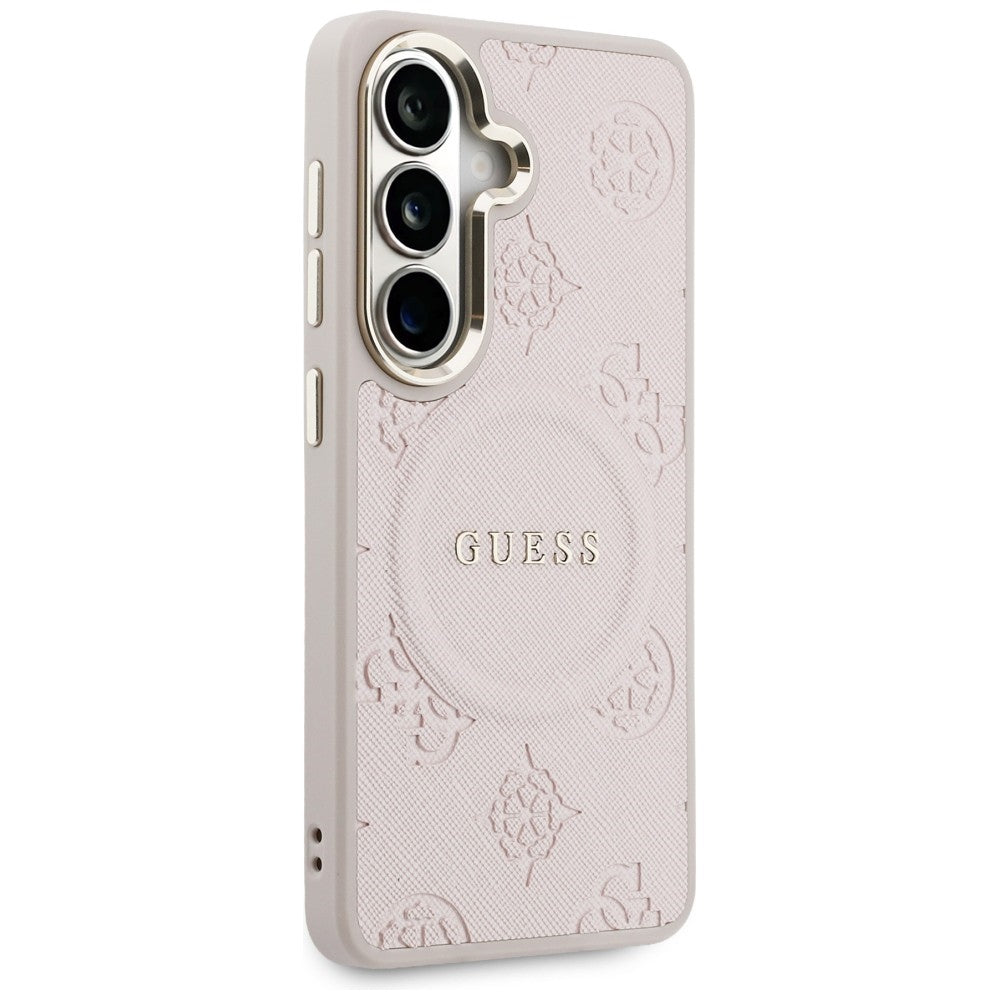 MagSafe Hülle für Samsung Galaxy S26 S942, Guess, Saffiano Peony Embossed Ring, Rosa