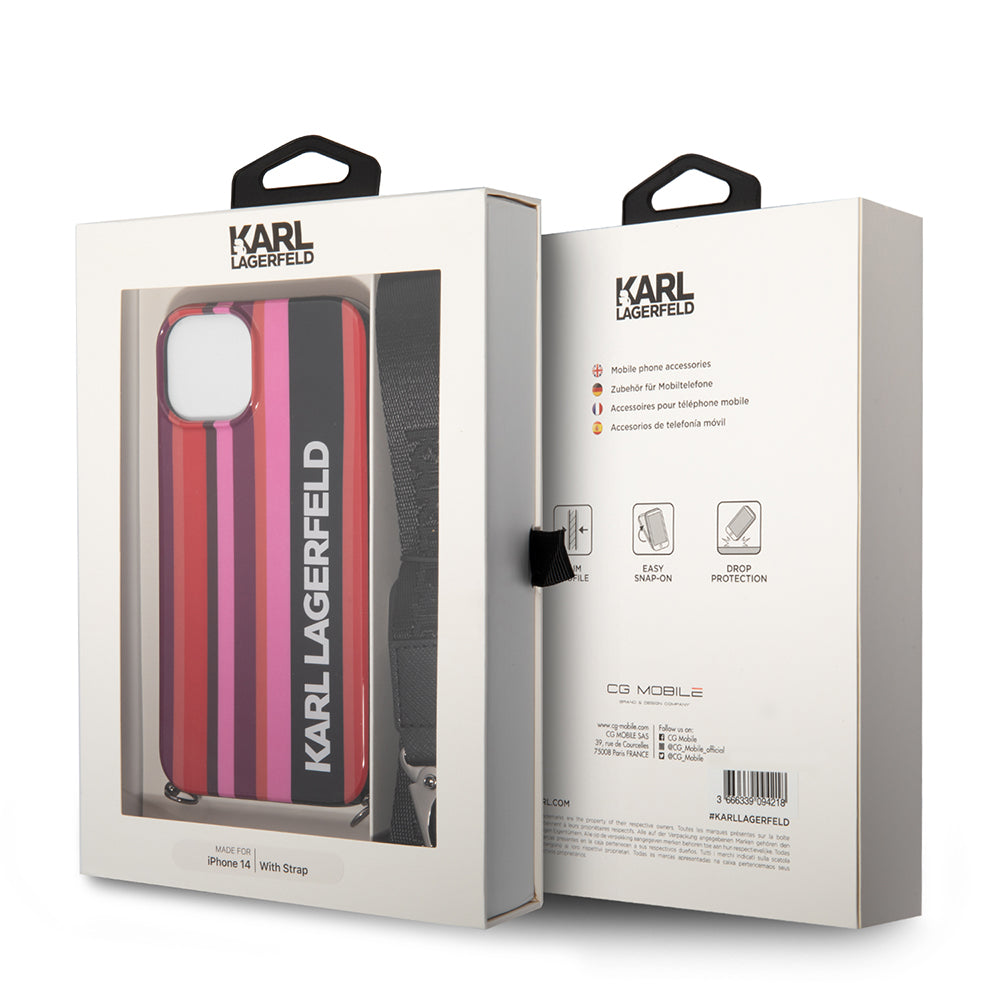 Hülle für Apple iPhone 14, Karl Lagerfeld, Color Stripes with Strap, Rosa