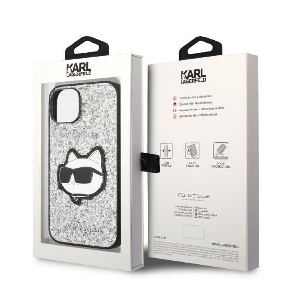 Hülle für Apple iPhone 14, Karl Lagerfeld, Glitter Choupette Patch, Silbern