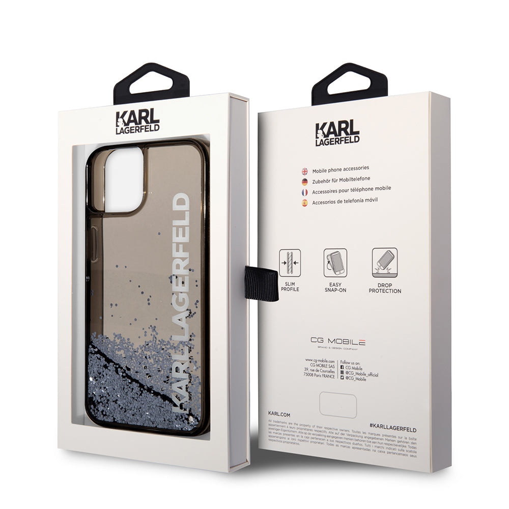 Hülle für Apple iPhone 14, Karl Lagerfeld, Liquid Glitter KL Logo, Schwarz