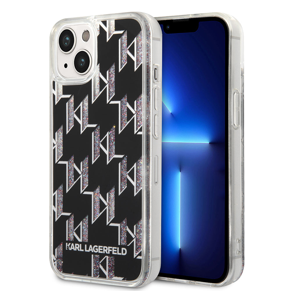 Hülle für Apple iPhone 14, Karl Lagerfeld, Liquid Glitter Monogram, Schwarz