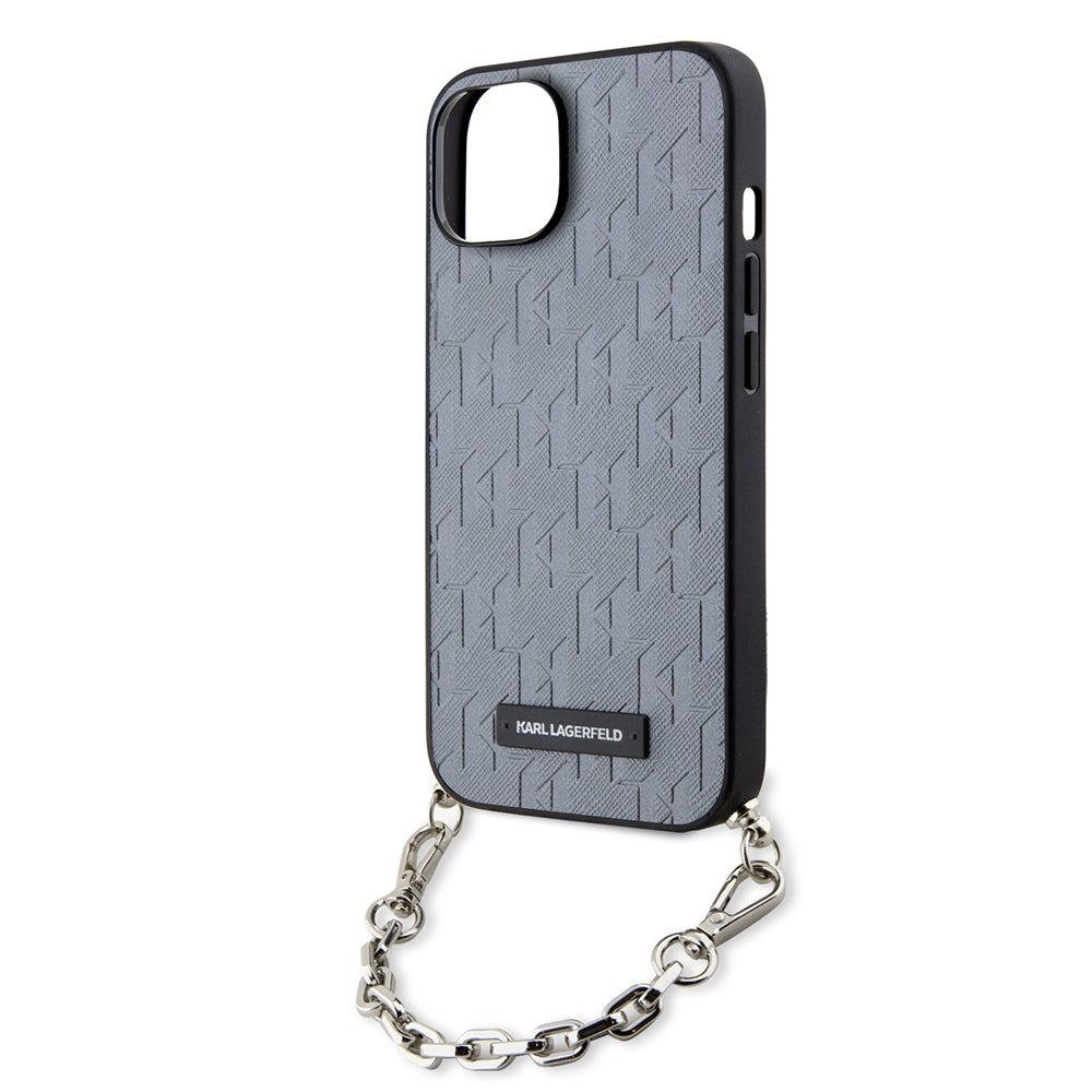 Hülle für Apple iPhone 14, Karl Lagerfeld, Saffiano Monogram Chain, Silbern