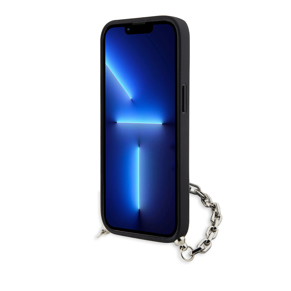 Hülle für Apple iPhone 14, Karl Lagerfeld, Saffiano Monogram Chain, Silbern