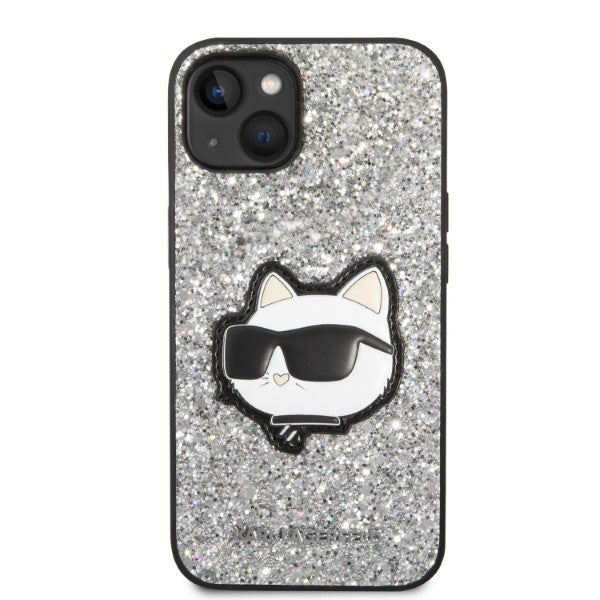 Hülle für Apple iPhone 14 Plus, Karl Lagerfeld, Glitter Choupette Patch, Silbern