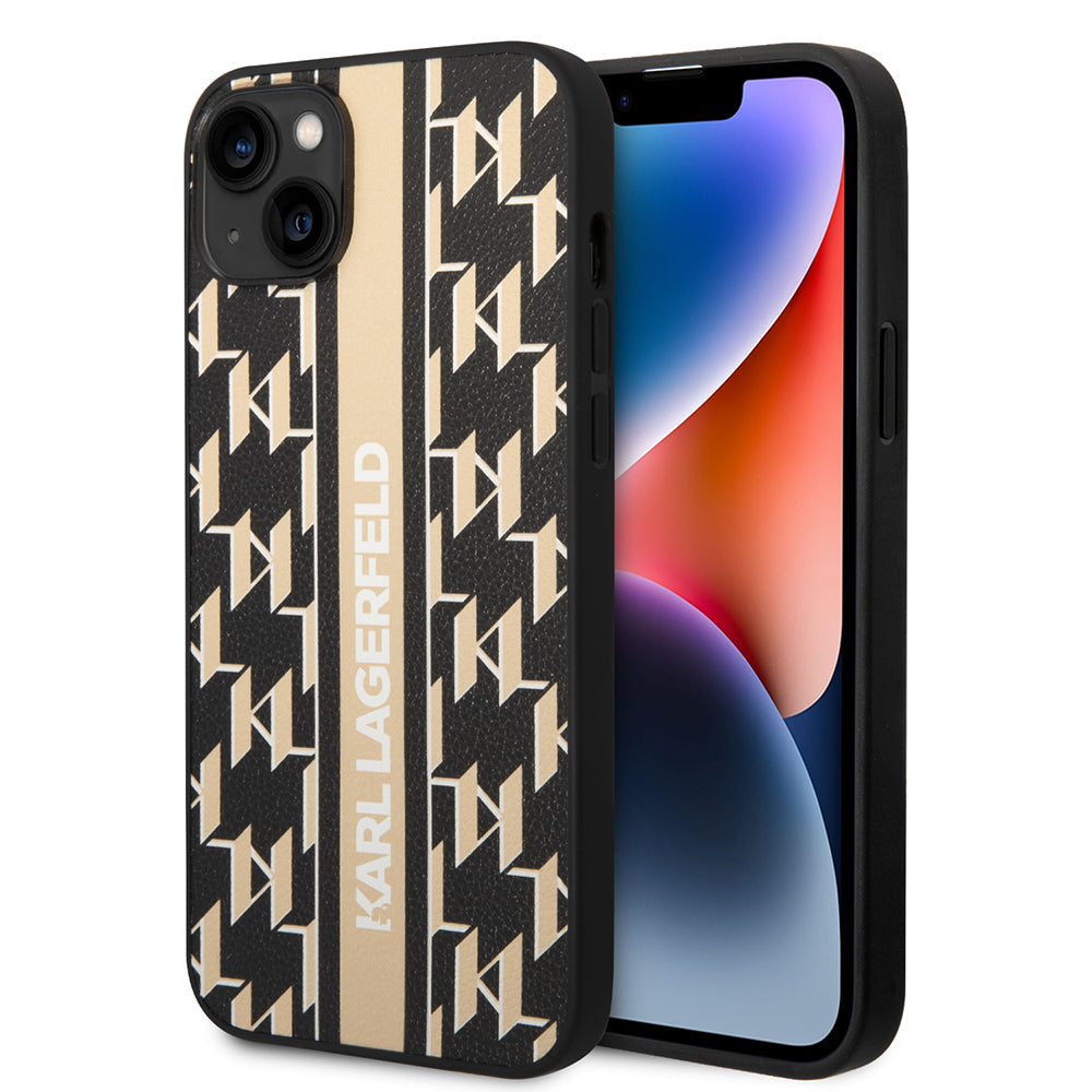 Hülle für Apple iPhone 14 Plus, Karl Lagerfeld, Monogram Stripe, Braun
