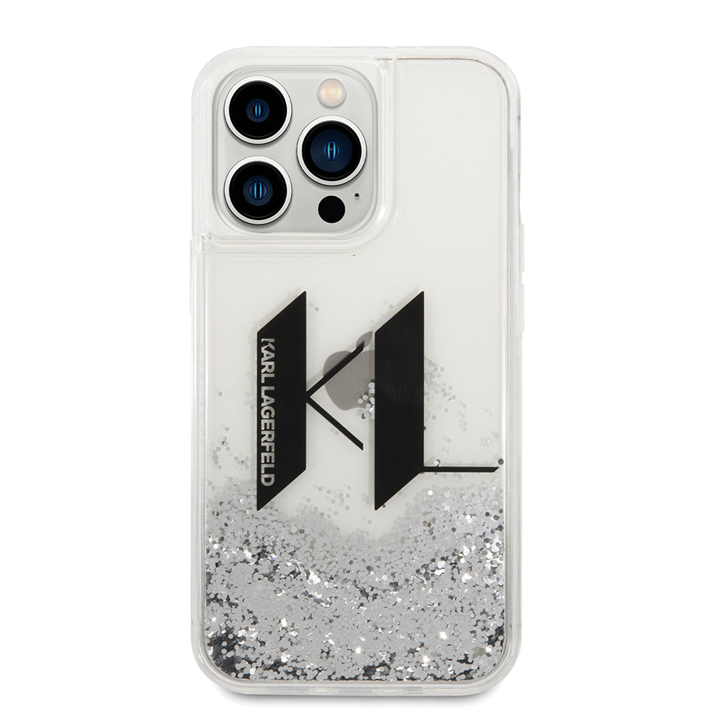 Hülle für Apple iPhone 14 Pro, Karl Lagerfeld, Liquid Glitter Big KL, Silbern