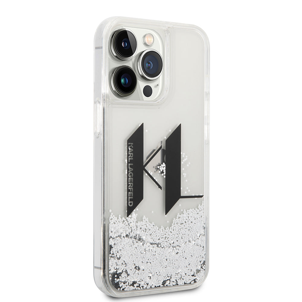 Hülle für Apple iPhone 14 Pro, Karl Lagerfeld, Liquid Glitter Big KL, Silbern