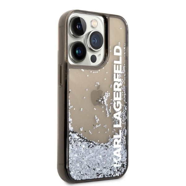 Hülle für Apple iPhone 14 Pro, Karl Lagerfeld, Liquid Glitter KL Logo, Schwarz