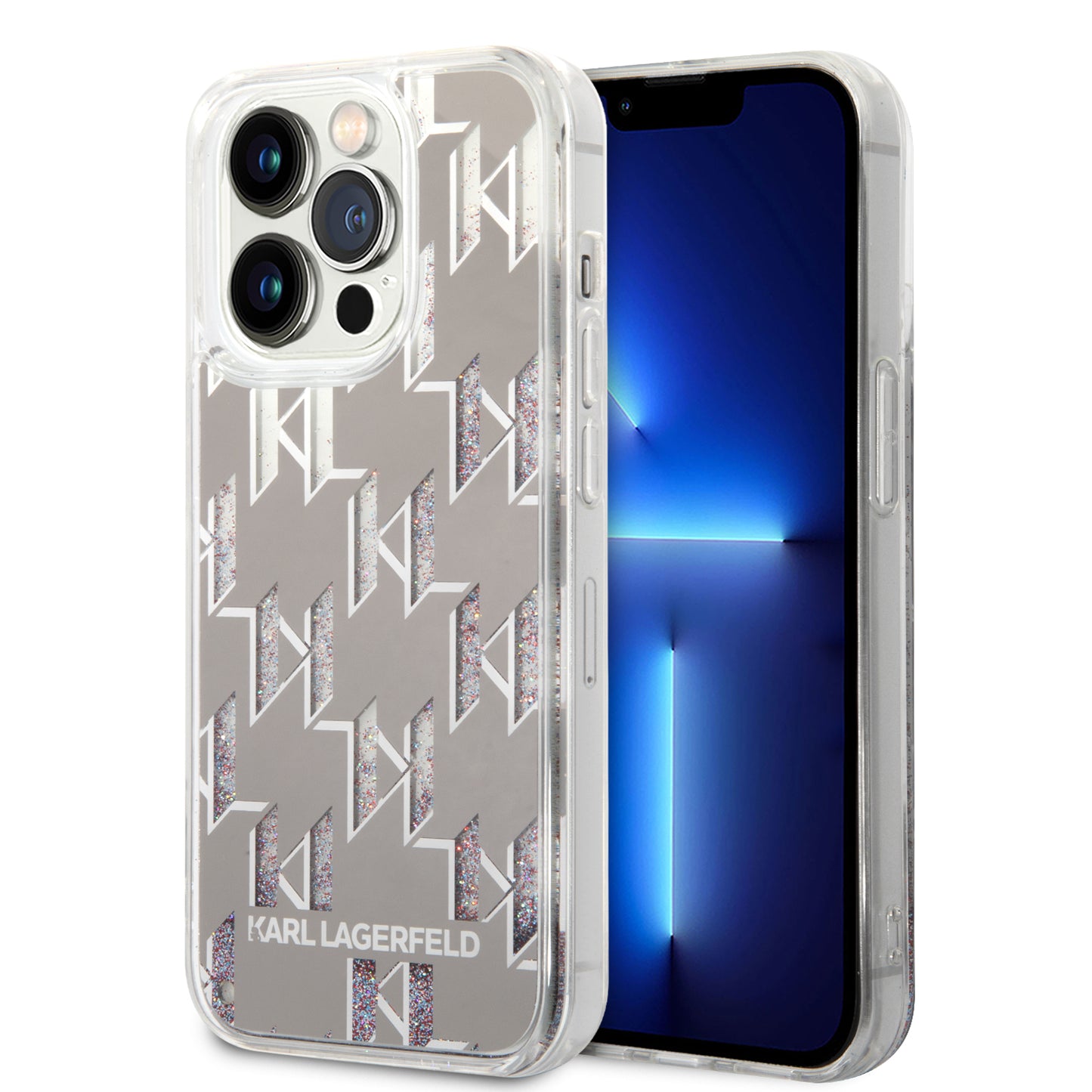 Hülle für Apple iPhone 14 Pro, Karl Lagerfeld, Liquid Glitter Monogram, Silbern