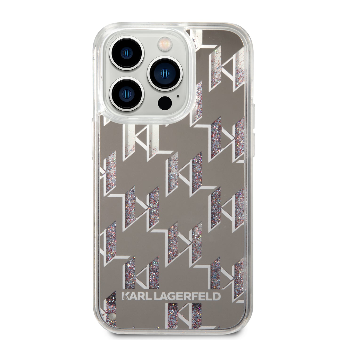 Hülle für Apple iPhone 14 Pro, Karl Lagerfeld, Liquid Glitter Monogram, Silbern