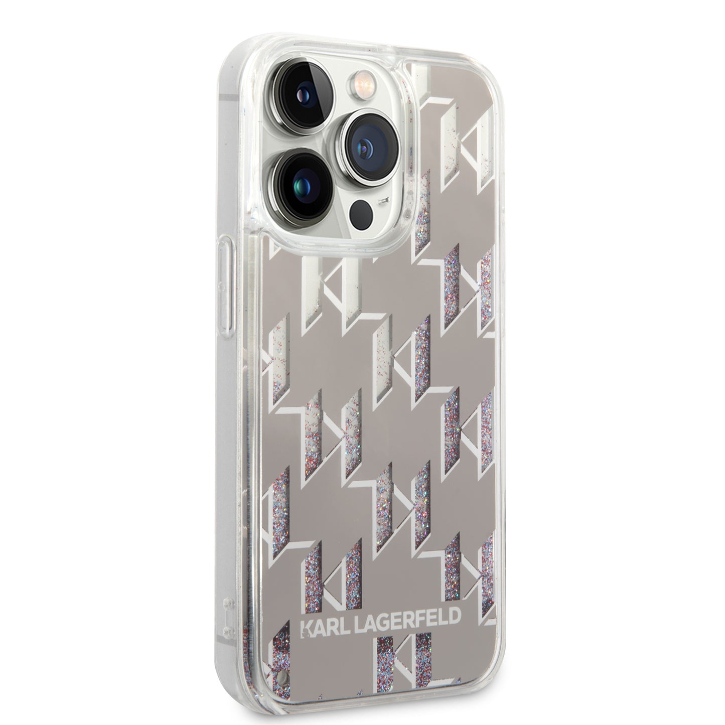 Hülle für Apple iPhone 14 Pro, Karl Lagerfeld, Liquid Glitter Monogram, Silbern
