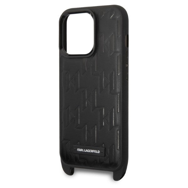Hülle für Apple iPhone 14 Pro, Karl Lagerfeld, Monogram Plaque Logo mit Trageriemen, Schwarz