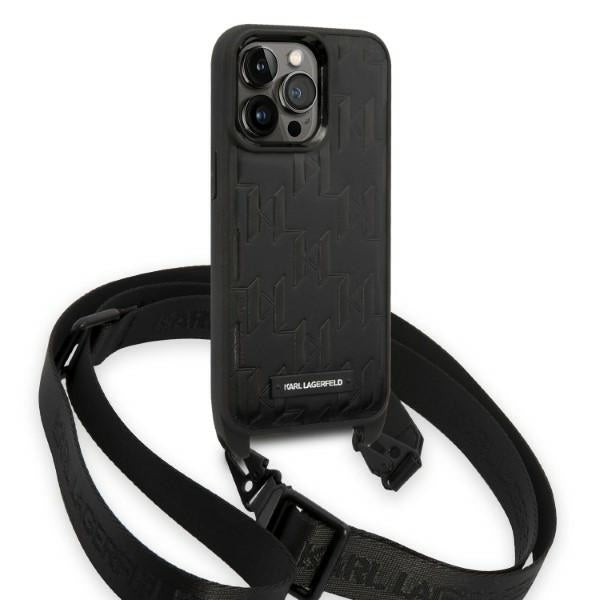 Hülle für Apple iPhone 14 Pro, Karl Lagerfeld, Monogram Plaque Logo mit Trageriemen, Schwarz