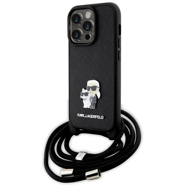 Hülle für Apple iPhone 14 Pro, Karl Lagerfeld, Saffiano Crossbody Metal Pin Karl & Choupette, Schwarz