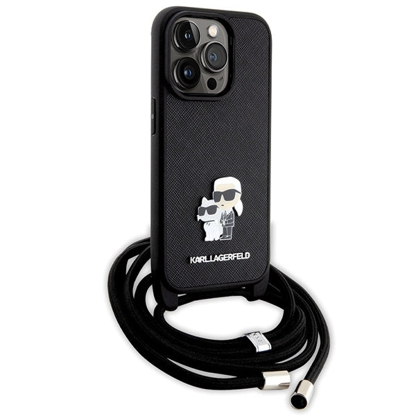 Hülle für Apple iPhone 14 Pro, Karl Lagerfeld, Saffiano Crossbody Metal Pin Karl & Choupette, Schwarz