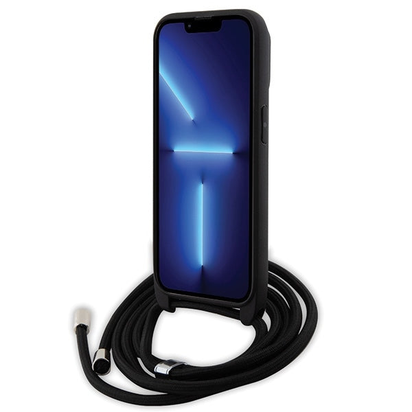 Hülle für Apple iPhone 14 Pro, Karl Lagerfeld, Saffiano Crossbody Metal Pin Karl & Choupette, Schwarz