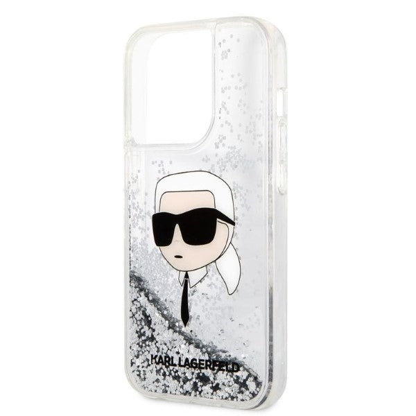 Hülle für Apple iPhone 14 Pro Max, Karl Lagerfeld, Glitter Karl's Head, Silbern