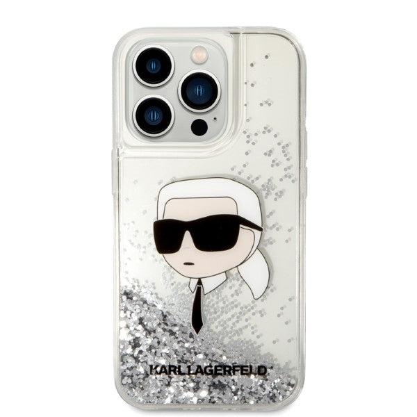 Hülle für Apple iPhone 14 Pro Max, Karl Lagerfeld, Glitter Karl's Head, Silbern
